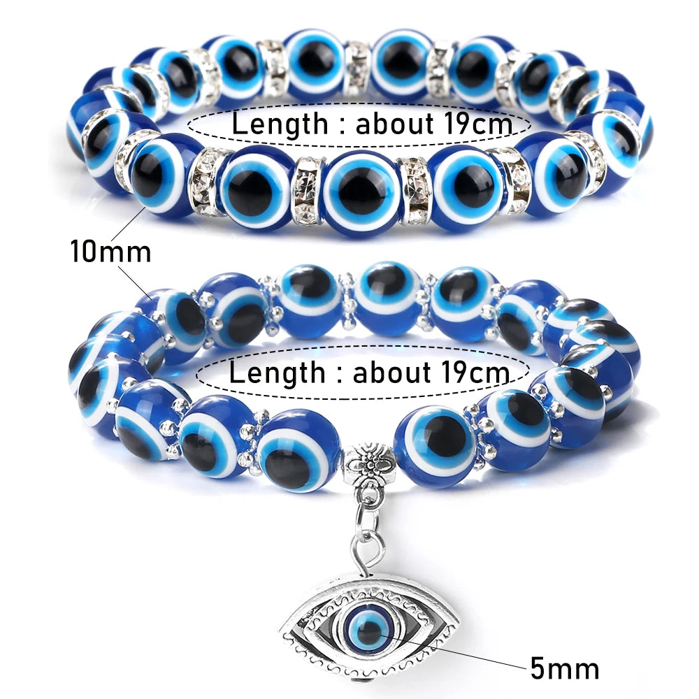 10mm Lucky Blue Evil Eye Bracelet with Charm Pendants