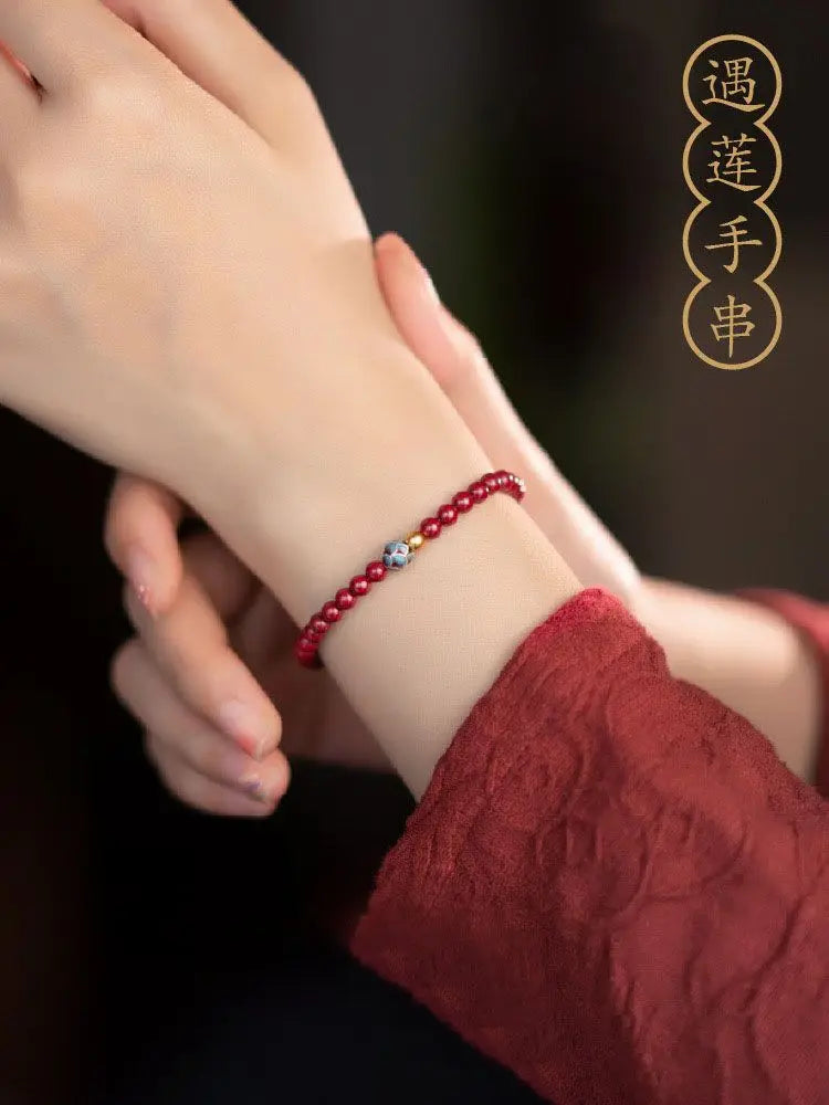 Natural Cinnabar & Blue Lotus Cloisonné Bracelet