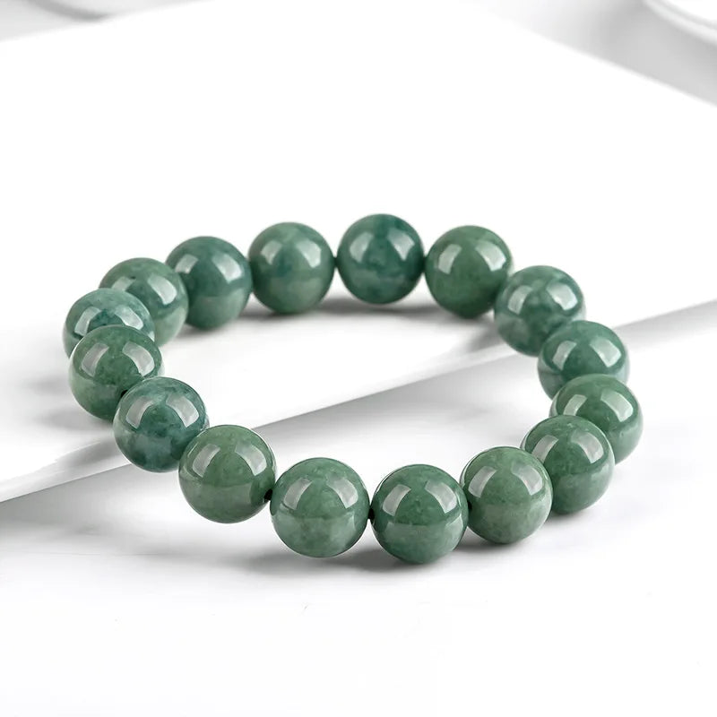 Green Ice Seed Jade Deep-Bean Round Bead Bracelet｜Unisex Feng Shui Charm