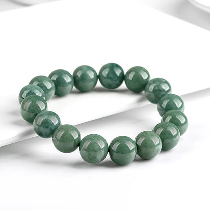 Green Ice Seed Jade Deep-Bean Round Bead Bracelet｜Unisex Feng Shui Charm