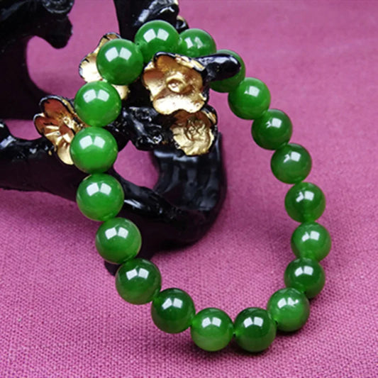Natural Green Jadeite Round Bead Bracelet with Hand Charm ｜ Adjustable Unisex Lucky Bangle