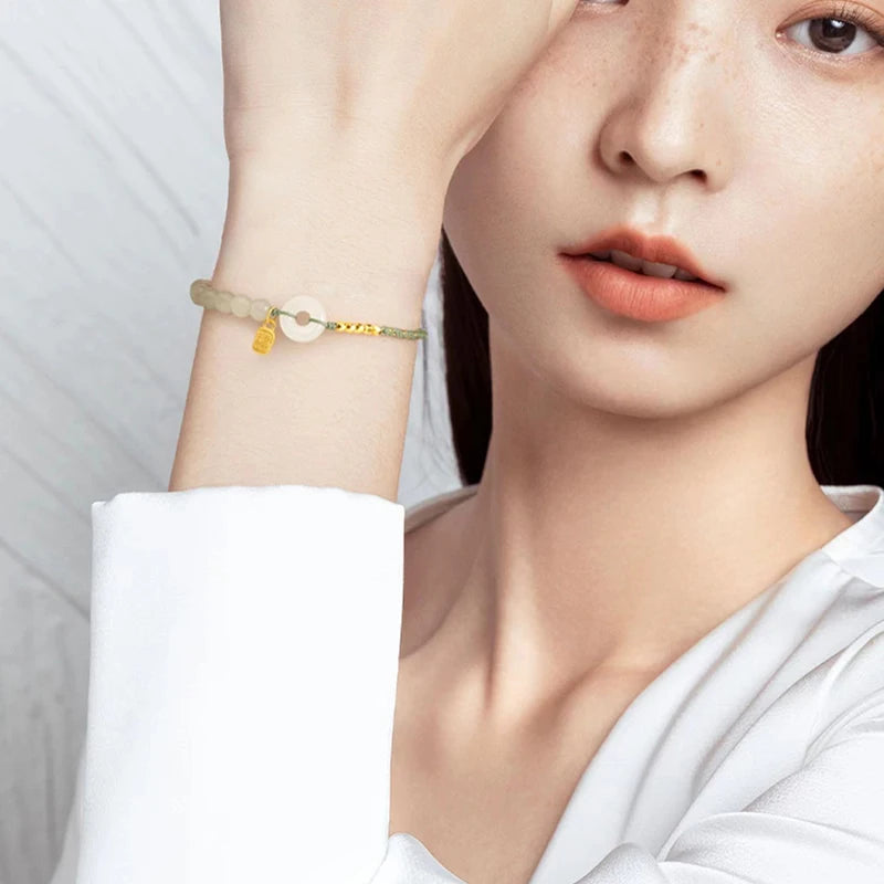 Natural Hetian Jade Lucky Buckle Braided Bracelet for Women