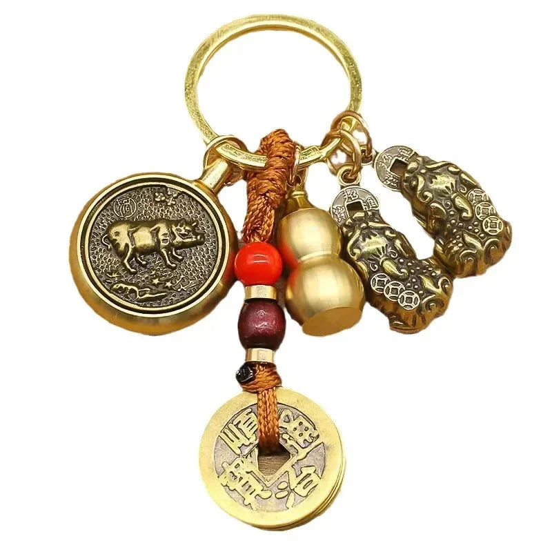 黄铜咬钱葫芦生肖转运钥匙扣｜中国结车挂 聚财化煞可旋转护符