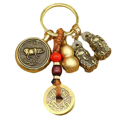 黄铜咬钱葫芦生肖转运钥匙扣｜中国结车挂 聚财化煞可旋转护符