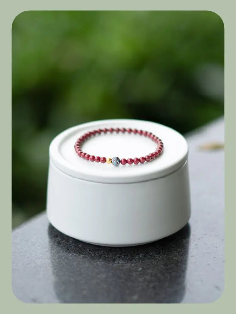 Natural Cinnabar & Blue Lotus Cloisonné Bracelet