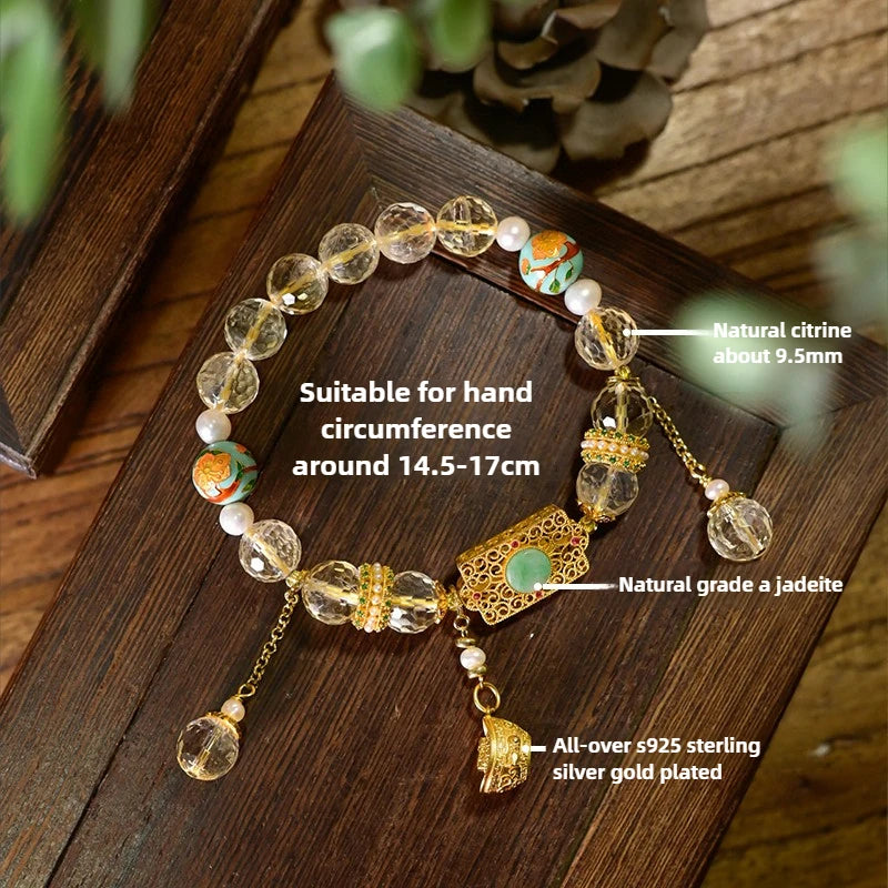 天然黄水晶招财转运手链丨925银镂空元宝与和田玉坠