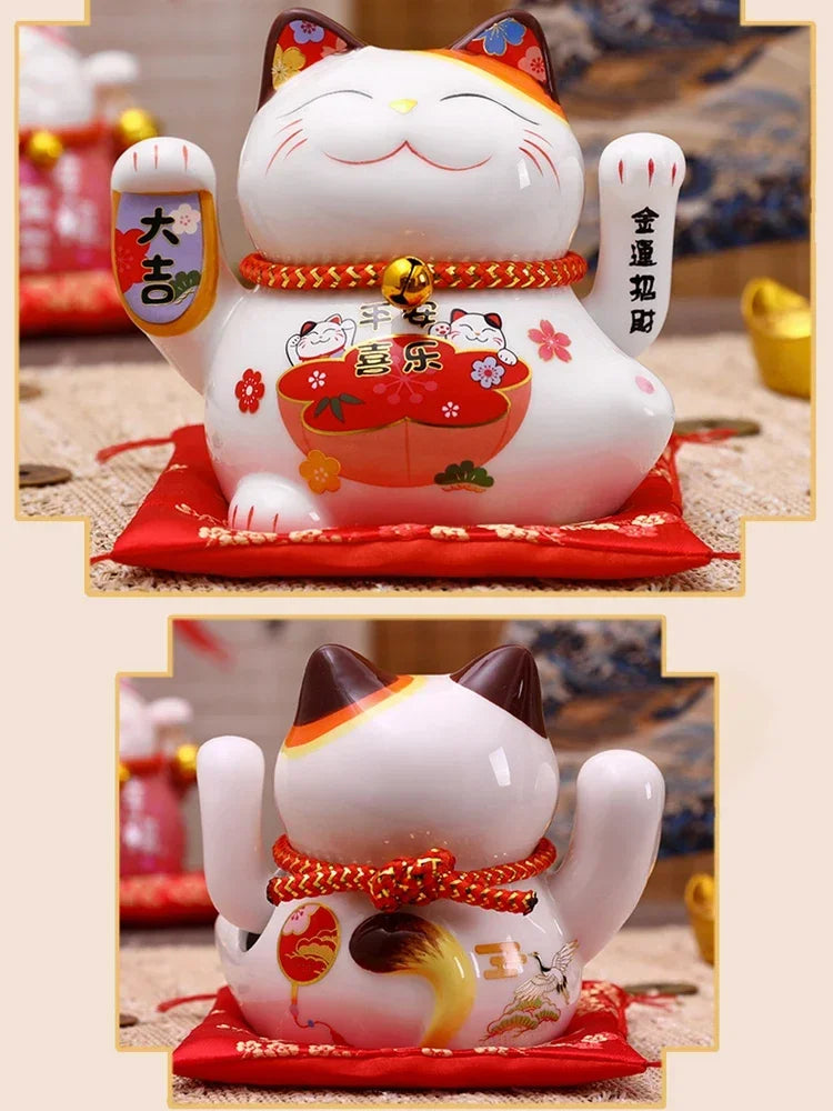 5英寸陶瓷招财猫摇手摆件｜电池驱动风水Maneki Neko家居旺财装饰