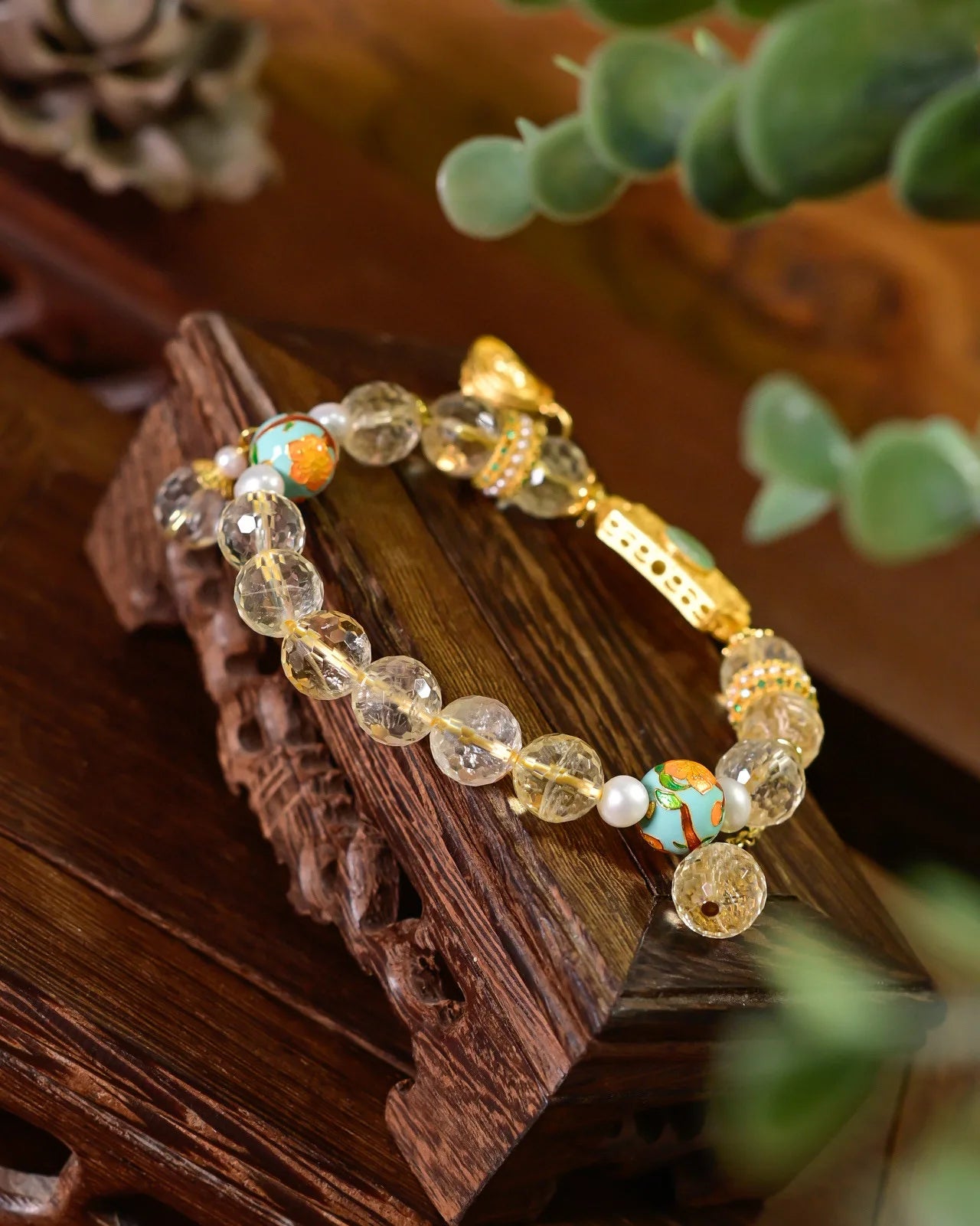 天然黄水晶招财转运手链丨925银镂空元宝与和田玉坠