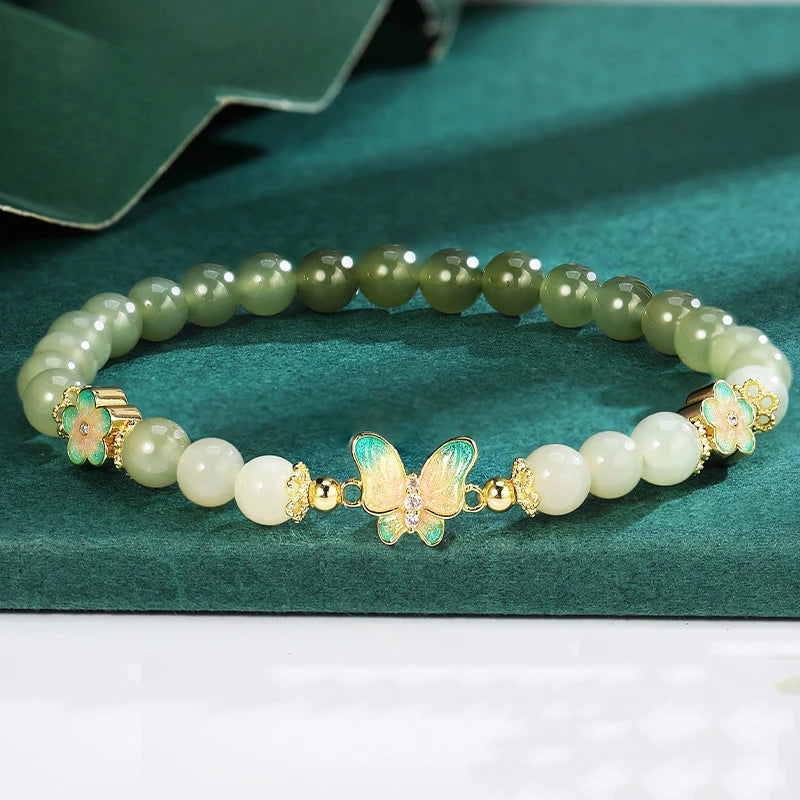 Gradient Jade Beaded Bracelet with Butterfly Charm — Lucky Charm