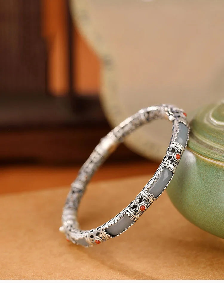 Hollow Butterfly Jade Bangle — Vintage Silver-Tone Bracelet