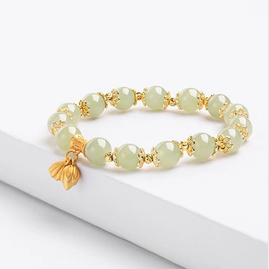 Golden Lotus Hetian Jade Beaded Bracelet — Green Serenity Charm