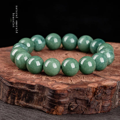 Green Ice Seed Jade Deep-Bean Round Bead Bracelet｜Unisex Feng Shui Charm