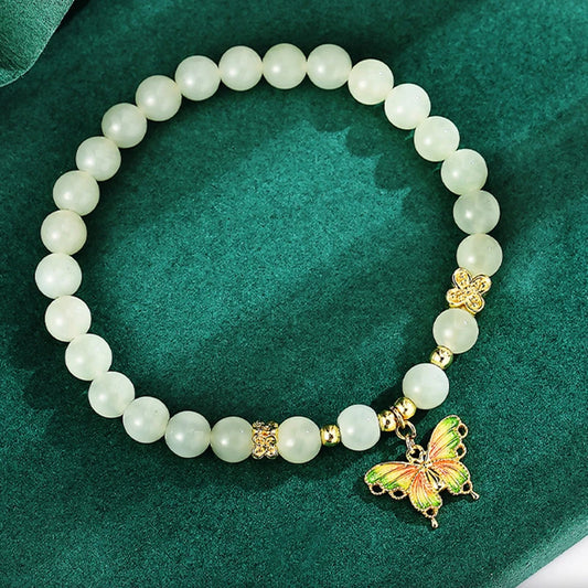 Gradient Jade Beaded Bracelet with Butterfly Charm — Lucky Charm