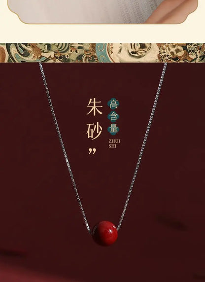 Natural Cinnabar Water-Drop Pendant Necklace｜Silver Chain Lucky Beads