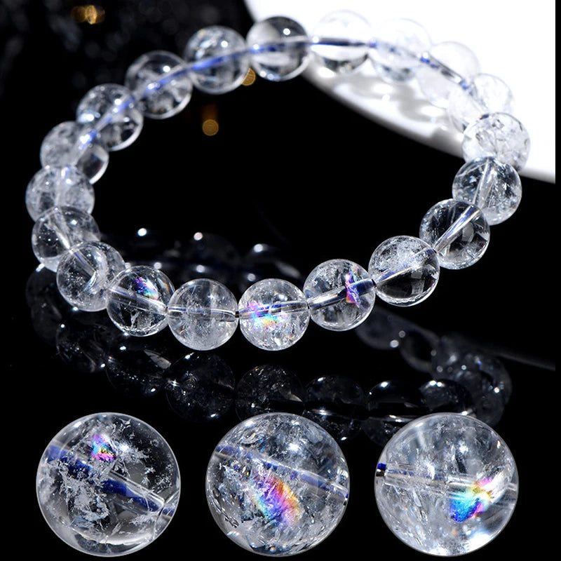 Natural Rainbow White Crystal & Jade Round Bead Bracelet — Feng Shui Charm