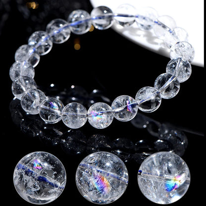 Natural Rainbow White Crystal & Jade Round Bead Bracelet — Feng Shui Charm