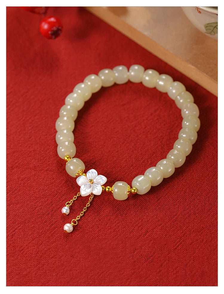 Peach Blossom Pearl & Hetian Jade Hand‑Woven Tassel Bracelet