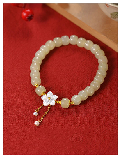 Peach Blossom Pearl & Hetian Jade Hand‑Woven Tassel Bracelet