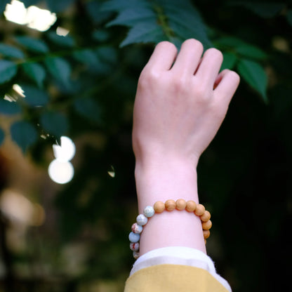 Small Leaf Red Sandalwood & Fatty Jade Unisex Bead Bracelet