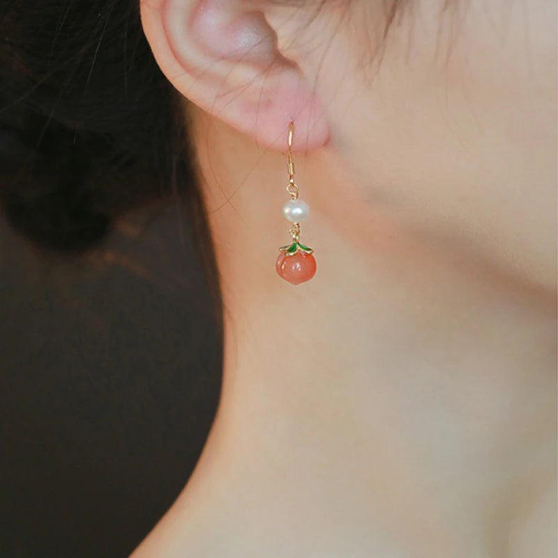 Red Agate Peach Jade Hook Earrings - Vintage Pearl Gift