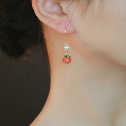 Red Agate Peach Jade Hook Earrings - Vintage Pearl Gift