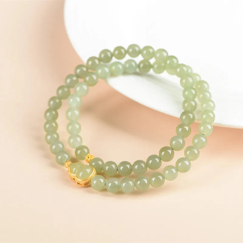 Hetian Jade Double-Loop Bracelet — 6mm Silver‑Gold Elegance