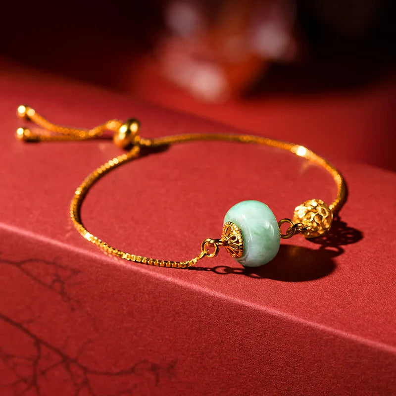 Jade & Gold-Plated Beaded Bangle｜Vintage Feng Shui Bracelet