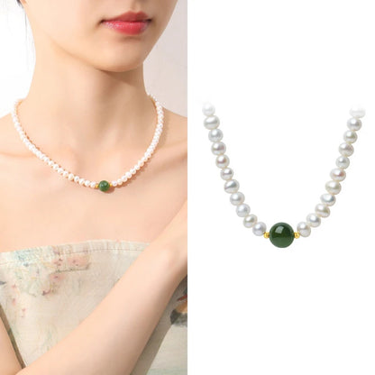 Green Pearl Choker — Freshwater Pearl & Green Beads