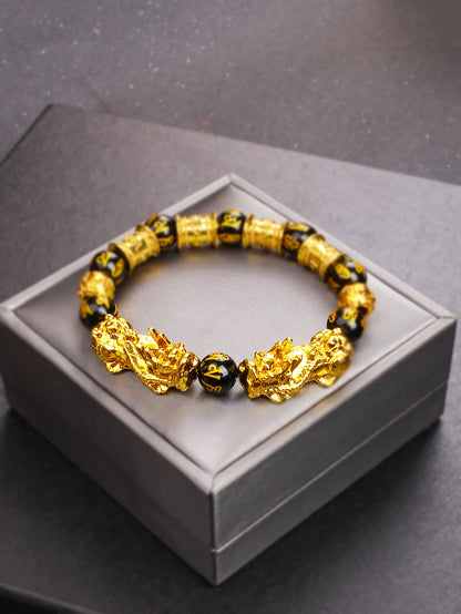 Gold Color Pi Xiu Bracelets Women Feng Shui Obsidian Wealth Pi Yao Bracelets Men 10m Dragon Mantra Bead Bangle Lucky Jewelry New
