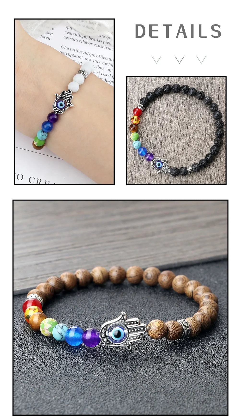 6mm天然石七脉轮弹力手链｜掌形邪眼护符 男女通用