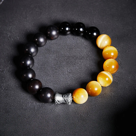 Men Bicolor Tiger Eye & Obsidian Tree of Life Bracelet - Lucky Crystal