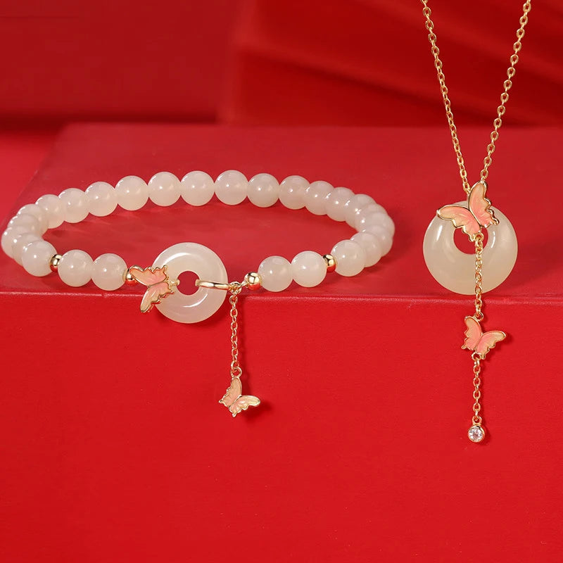 Hetian Jade Butterfly Tassel Bracelet - Ping An Protective Charm