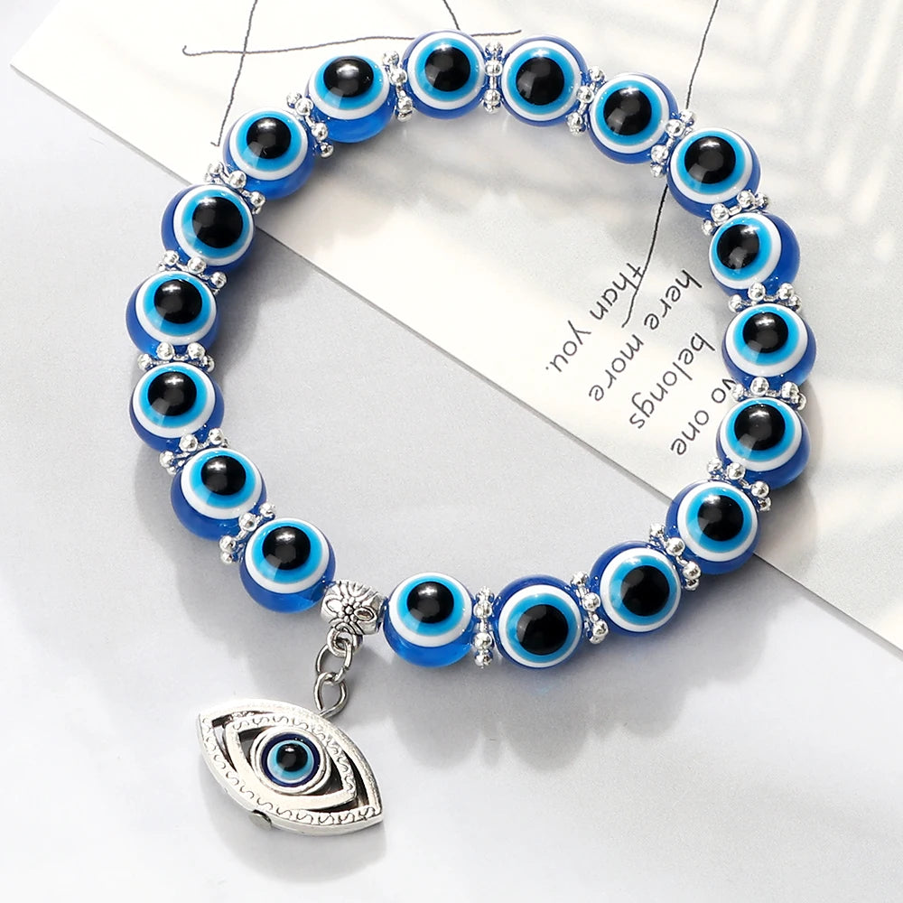 10mm Lucky Blue Evil Eye Bracelet with Charm Pendants