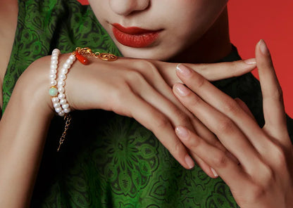 Freshwater Pearl Double Circle Bracelet — Silver Gold-Plated