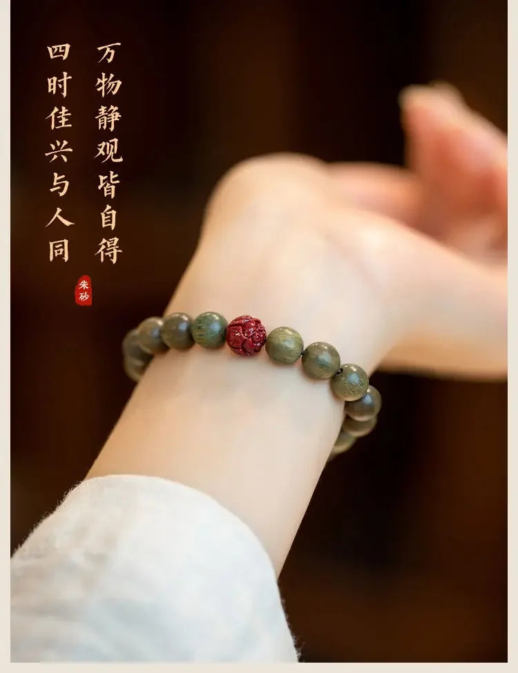 Green Sandalwood Lotus Cinnabar Bracelet — Wealth & Blessing