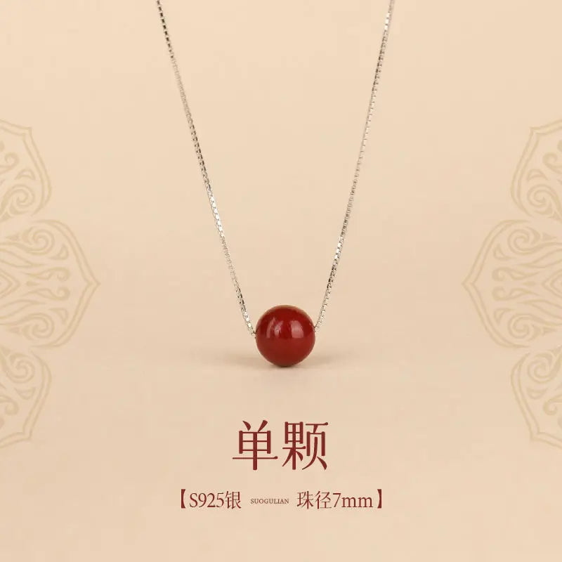 Natural Cinnabar Water-Drop Pendant Necklace｜Silver Chain Lucky Beads