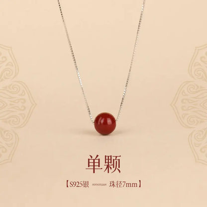 Natural Cinnabar Water-Drop Pendant Necklace｜Silver Chain Lucky Beads