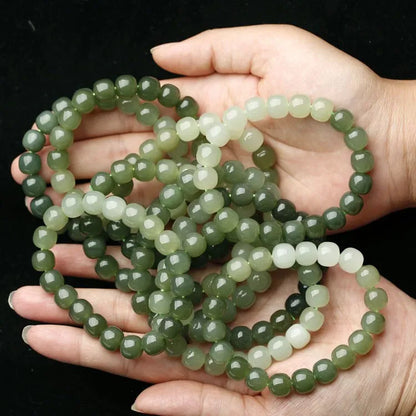 Hetian Nephrite Jade Round Beads Bracelet｜Lucky Wealth Hand-String Gift