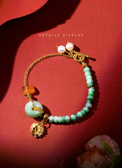 Natural Jadeite Peace-Buckle Bracelet with Pearl Pendant