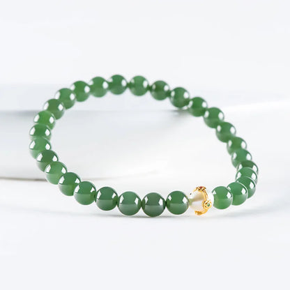 6mm Natural Hetian Jade Bead Bracelet — Ancient-Style Feng Shui Charm
