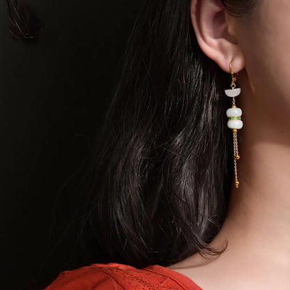 Hetian White Jade Tassel Earrings — Retro Feng Shui Elegance