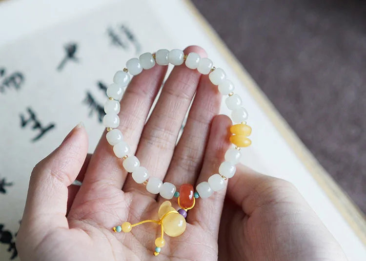 Hetian Jade 7x8mm Beaded Pendant Bracelet — Unisex Charm