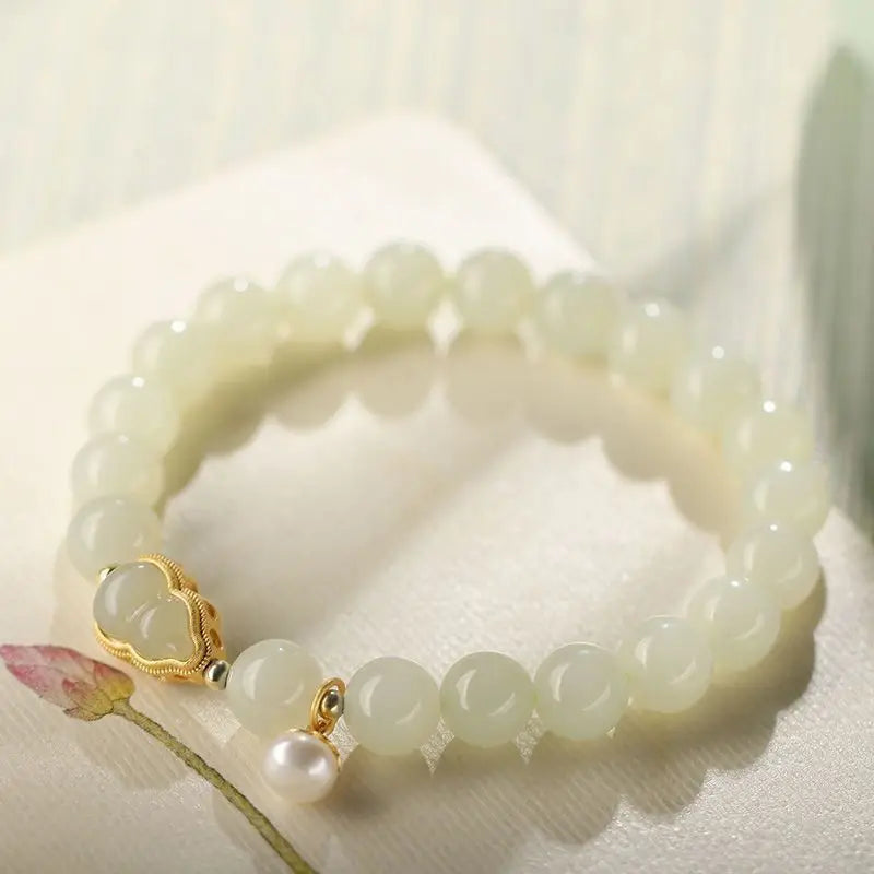 Hotan White Jade Gourd Bracelet — Lucky Handstring Beads for Wife & Girlfriend