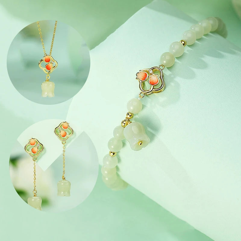 Hetian Jade Green Blossom Bracelet | 925 Silver Link