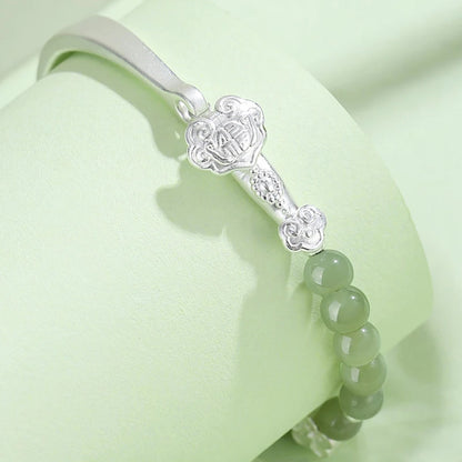 Natural Hotan Green Jade Round Bead Bracelet｜Vintage Luck & Free Engraving