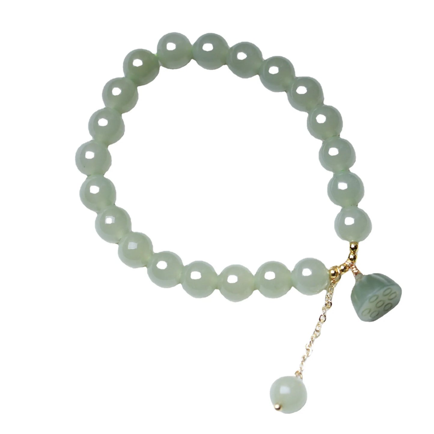 Hetian Jade Lotus Pendant 8mm Round Bead Bracelet — Elegant Charm for Women