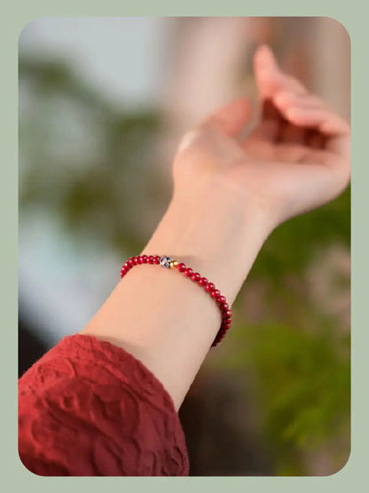 Natural Cinnabar & Blue Lotus Cloisonné Bracelet