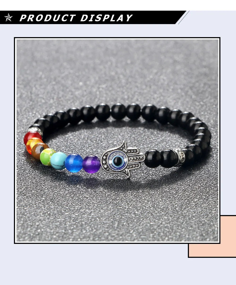 6mm天然石七脉轮弹力手链｜掌形邪眼护符 男女通用