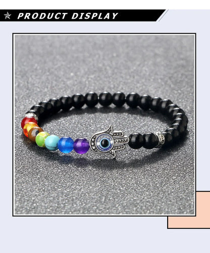 6mm天然石七脉轮弹力手链｜掌形邪眼护符 男女通用