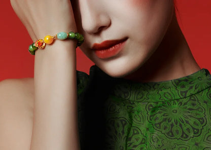 Hetian Jasper & Wax Amber Hand Chain｜Tibetan Silver Rope